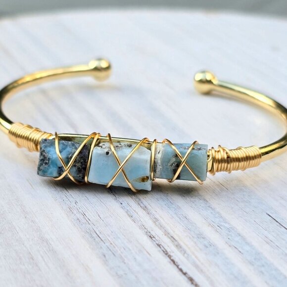 Larimar ✦ Wire Wrap Cuff ✦ 14Kt Gold Over Copper w/ Ocean Calm & Peace Talisman - Picture 1 of 12